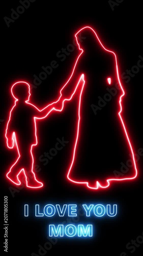 A neon-lit illustration of a mother and child holding hands with love message