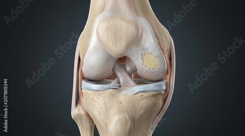 Human knee joint shows a localized area of bone degradation and cartilage wear which provides a clear educational representation of degenerative joint disease for orthopedic medical practitioners.