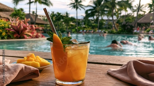 Refreshing tropical drink with fruit garnish beside a resort pool