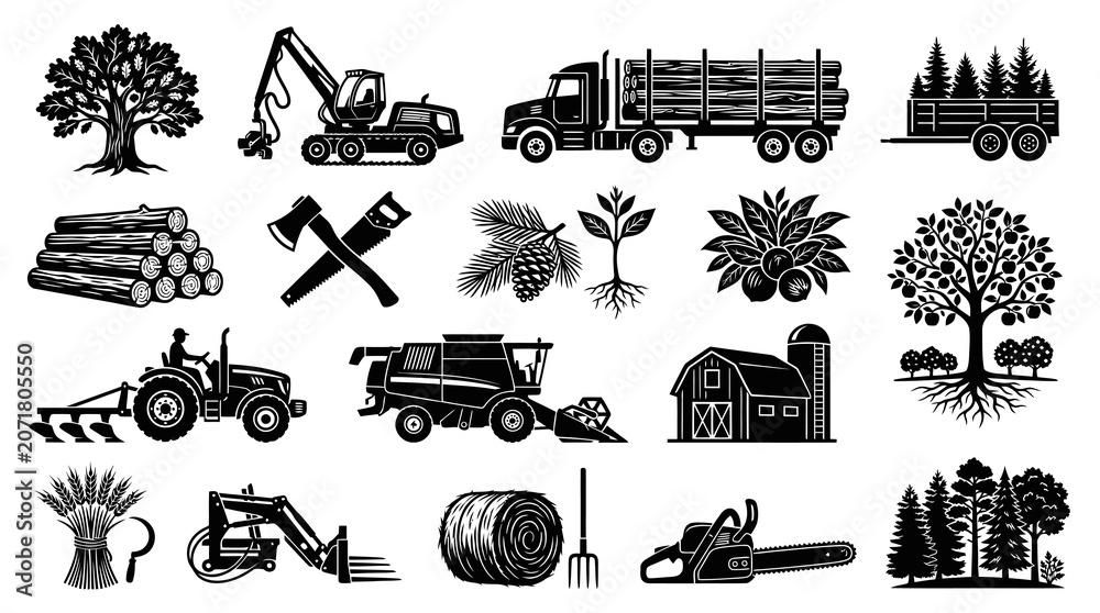 Obraz premium Black and White Vector Icons of Agriculture and Forestry Industry Tools and Equipment
