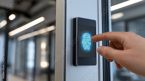 Finger touches glowing blue fingerprint scanner on modern door entry