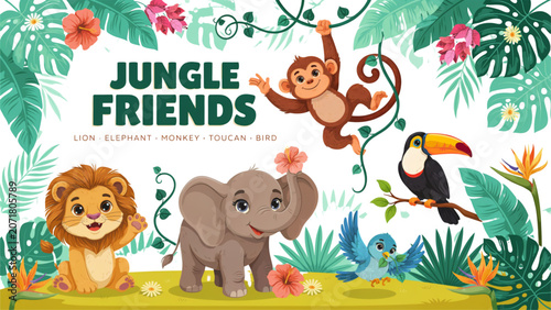 Photography Colorful cartoon jungle friends group with animals and plants Vector