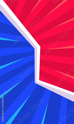 Dynamic red and blue comic book style background with central white divider.