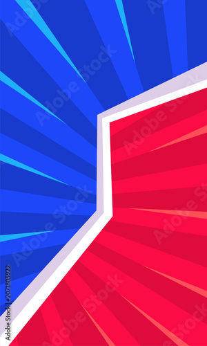Dynamic red and blue comic book style background with radial lines and central division.
