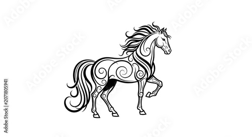 Elegant stylized horse silhouette in motion black and white