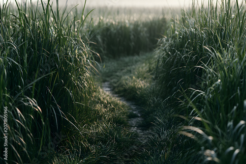 Misty path winding through tall, dewy green grass in soft morning light, evoking a peaceful, natural journey.