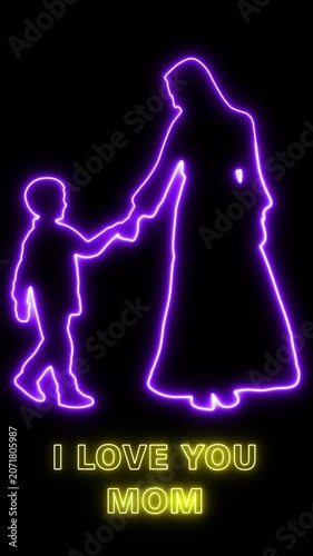 Mother and child holding hands in neon light with love message