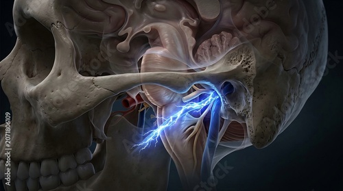 Human skull anatomy shows the trigeminal nerve pathway as a highlighted electrical impulse sequence.