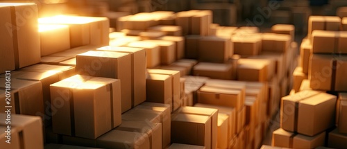 Rows of stacked cardboard boxes illuminated by warm, glowing light in a warehouse
