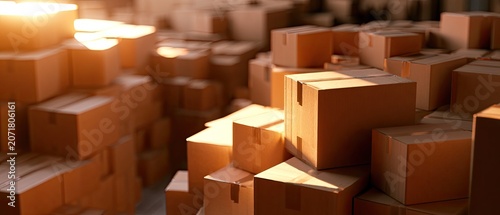 Stacked brown cardboard boxes fill a dimly lit warehouse, catching warm sunlight
