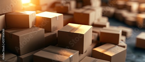 Stacks of cardboard boxes illuminated by warm, golden light