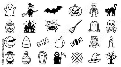 Set of hand drawn Halloween icons and spooky characters illustration