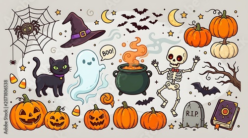 Cute Halloween doodles set with pumpkins and spooky characters illustration