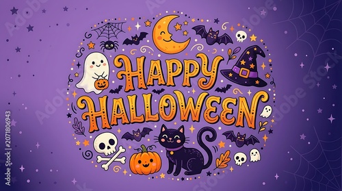 Happy Halloween greeting card with cute cartoon characters illustration