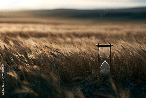 An hourglass stands in a golden field of wheat at sunset, symbolizing time passing, the cycle of nature, and the concept of harvest.