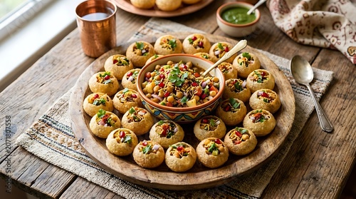 Indian street food pani puri served on a wooden plate illustration