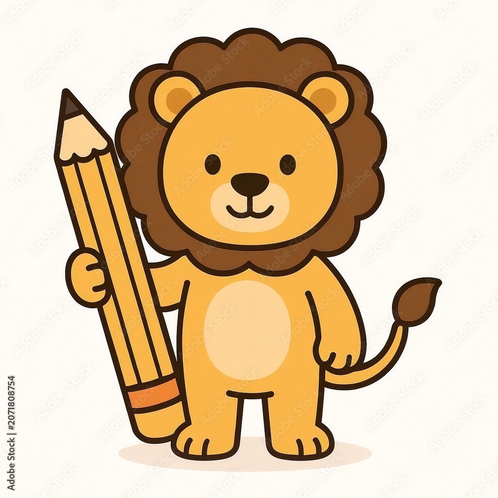 Obraz premium Lion Holding Pencil Educational Illustration Isolated on White Background