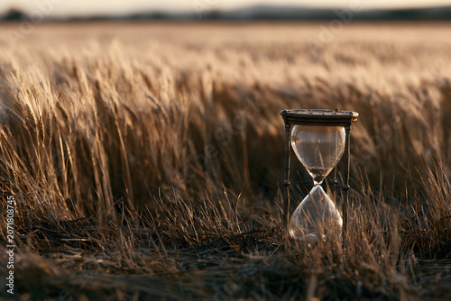 An hourglass stands in a golden field of wheat at sunset, symbolizing time passing, the cycle of nature, and the concept of harvest.
