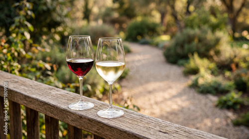 Two wine glasses filled with red and white wine rest on a rustic wooden railing beside a sunlit garden pathway at golden hour