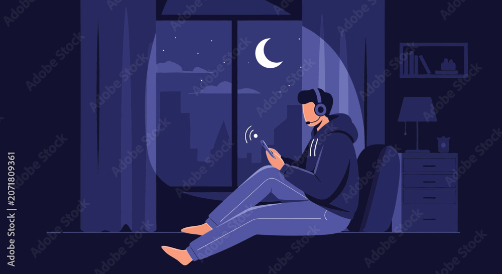 Fototapeta premium Young man with headphones using smartphone at night, city view from window