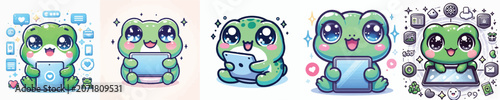 Canvas Print Vector of a cute cartoon frog character using a tablet device