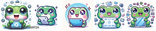 Fotografia Vector of a cute cartoon frog character using a tablet device