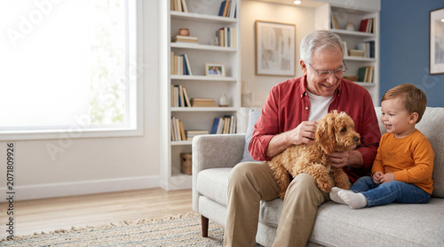 A smiling grandfather gently pets a fluffy golden puppy on his lap while a happy little toddler sits beside him on a cozy sofa
