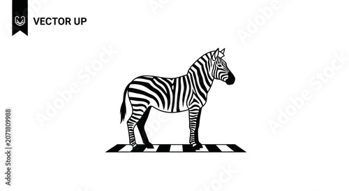 Stylized zebra standing on black and white stripes