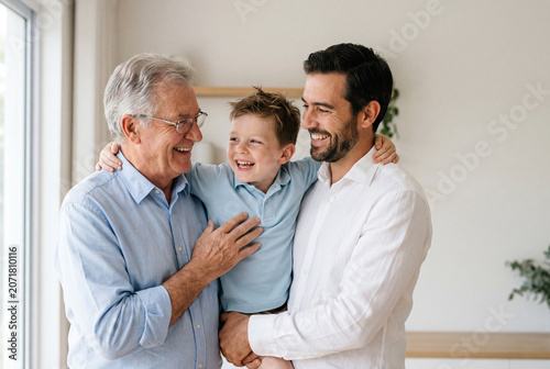 Three smiling generations of men share a warm group hug together while laughing inside a bright comfortable living room space