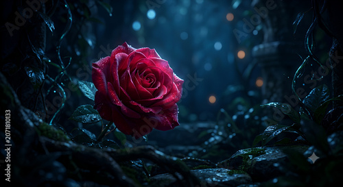 Red Glowing Poppy Flower in Dark Fantasy Landscape