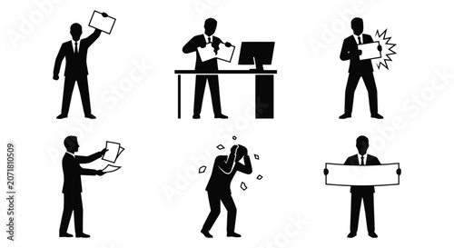 Set of businessman silhouettes showing different emotions and actions