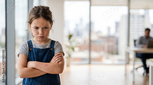 A sad and upset young girl stands with arms crossed while looking down with a moody expression in a modern bright room