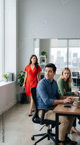 A man in a blue shirt turns around to watch a woman in a red dress walk by while his jealous female coworker looks angry