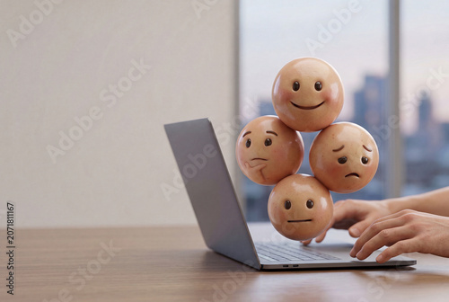 Close up of male hands typing on a modern laptop with floating emotional spheres representing different moods in the office