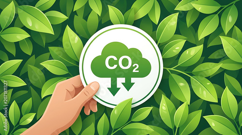 Hand holding a co2 emission reduction icon against a background of green leaves
