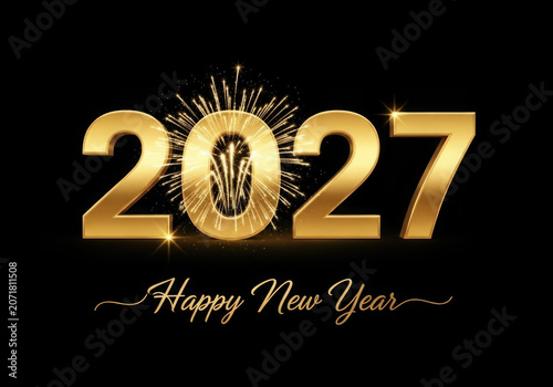 Golden 2027 new year celebration with fireworks and calligraphy on black background