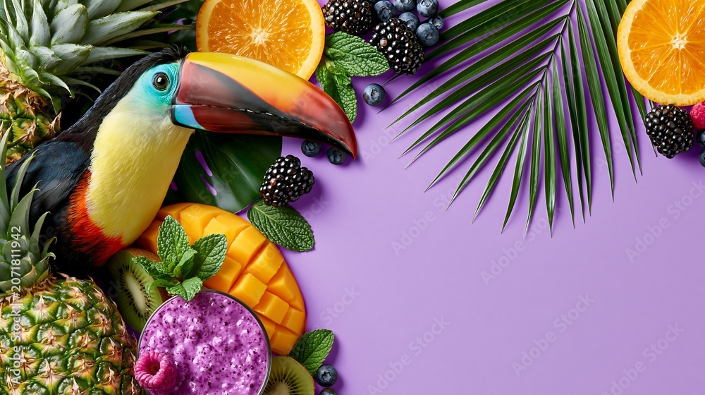 Fototapeta premium Colorful Tropical Fruits, Berries, Smoothie, and Bird on Purple Background