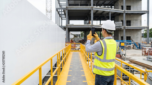 Tapety artystyczne Construction engineer in hard hat and safety vest taking a photo of an unfinished building structure with smartphone on a walkway with copy space for construction concept