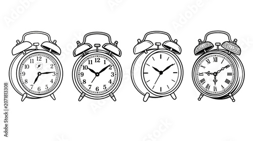 Tableau sur toile Collection of Four Vintage Alarm Clocks in Black and White Showing Different Tim