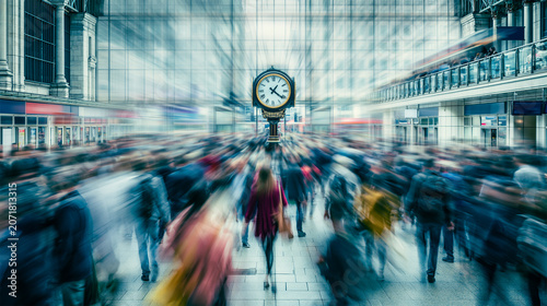 Busy hours at a modern train station in the city with people rushing and Master Clock center