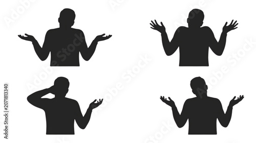 Foto Four Male Silhouette Icons Shrugging with Raised Hands Expressing Uncertainty Ve