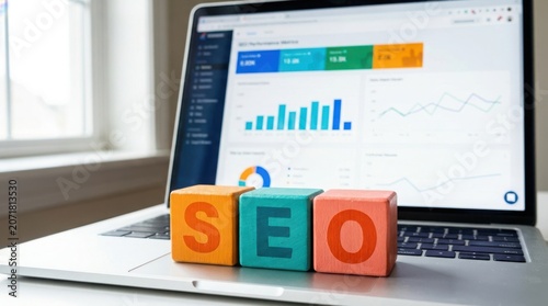 Seo search engine optimization concept with wooden blocks on laptop keyboard