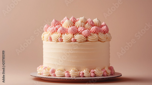 Elegant Pastel Pink Layer Cake with Buttercream Frosting and Copy Space