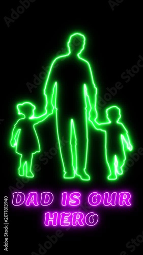 Neon sign of a father and two children standing together with text