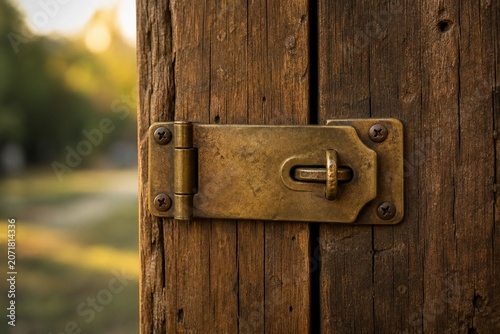 Vintage brass hasp and staple on weathered wooden door, rustic security and antique hardware concept.