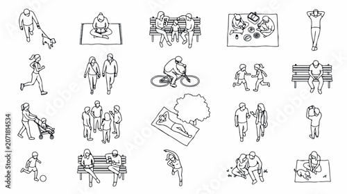 Minimalist line art people icons, set of 20 vector outdoor park activities, hand drawn sketch of diverse characters for architectural visualization isolated PNG with Transparent Background