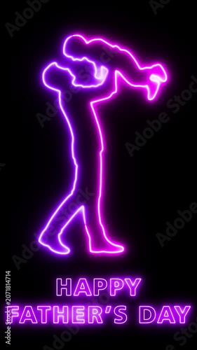 A vibrant neon sign of a man holding a child reads Happy Father's Day