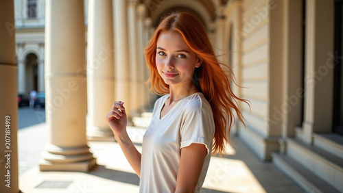 Pretty gingerhaired lady wearing iteration light clothes looking down and raising hands against columns background