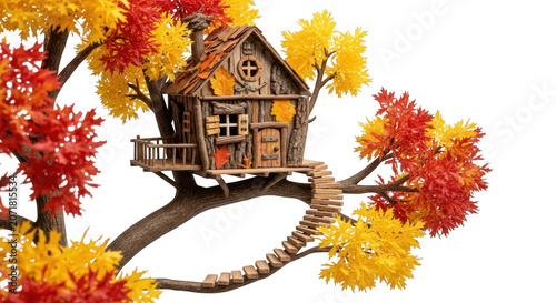 A treehouse on a branch with colorful leaves