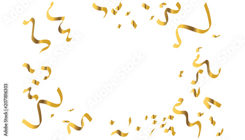 Gold Confetti and Curly Ribbon Celebration Background on White with Copy Space
